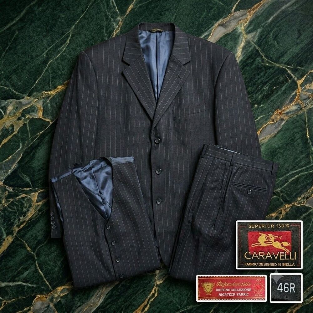 Caravelli Men's 3-Piece Suit Jacket Vest Pants Pinstripe Gray Size 46R